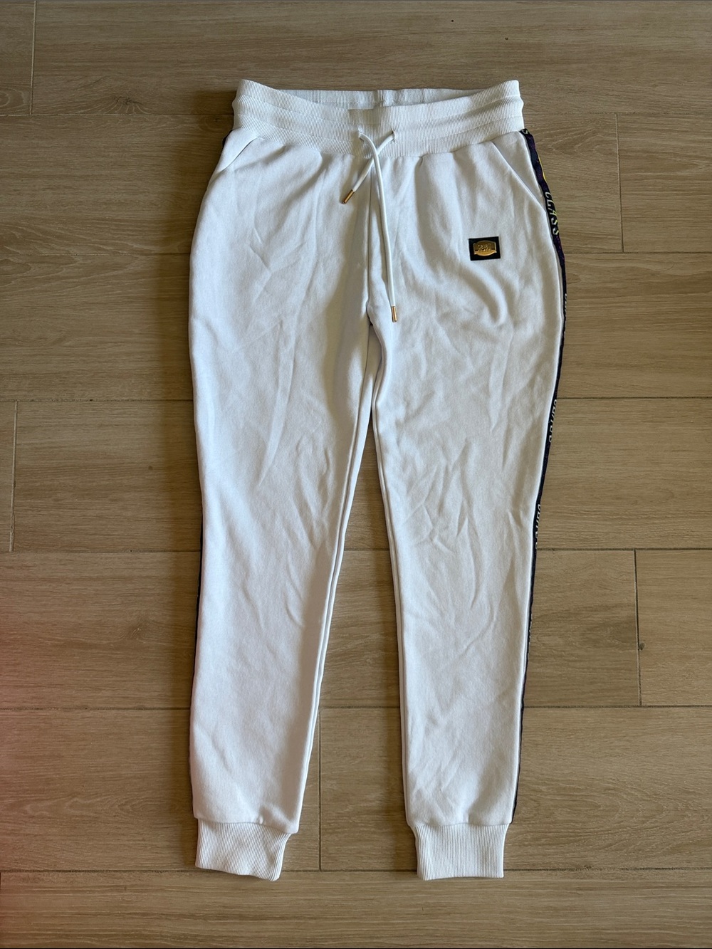Cavalli Class White Jogger Sweatpants with Navy Side Trim